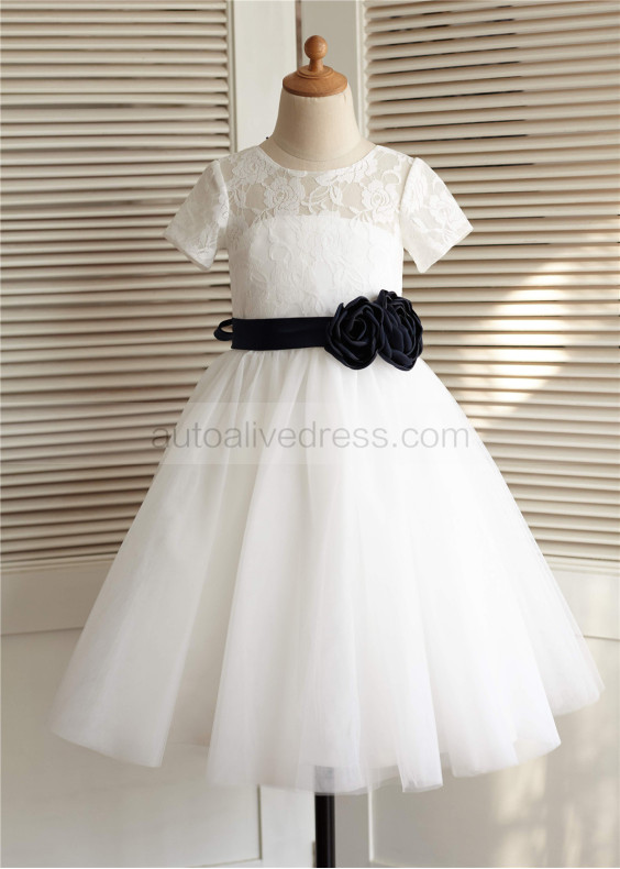 Ivory Lace Tulle Heart Hole Back Knee Length Flower Girl Dress 